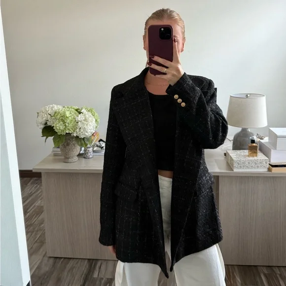 JustFab Black Tweed Blazer with Gold Buttons - Picture 1 of 9